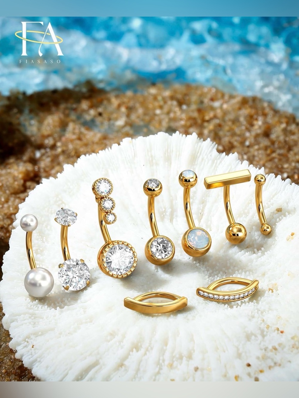 ✨FIASASO 9Piece Surgical Steel Gold Plated Belly Button Rings✨